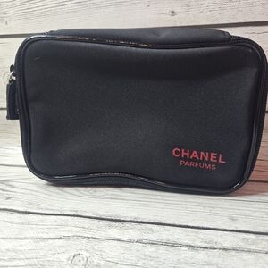 Authentic CHANEL Parfums Top Zip Pouch Red Logo Lining Cosmetic Travel Bag